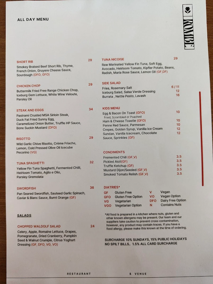 Menu, Rombe Rooftop