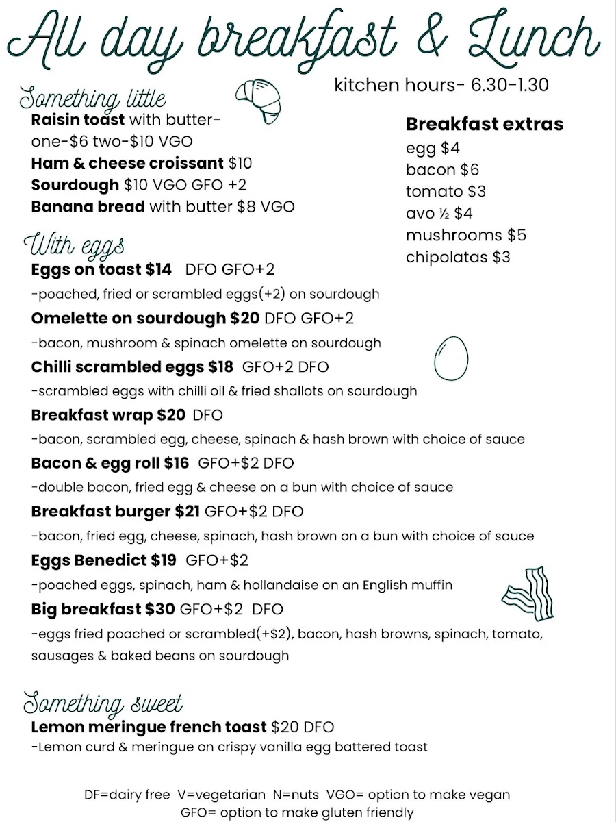 Menu, Thorne Street Cafe