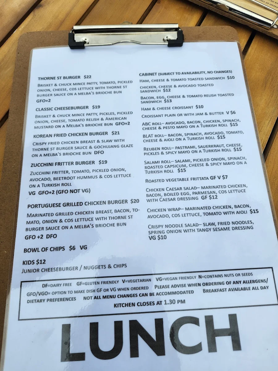 Menu, Thorne Street Cafe