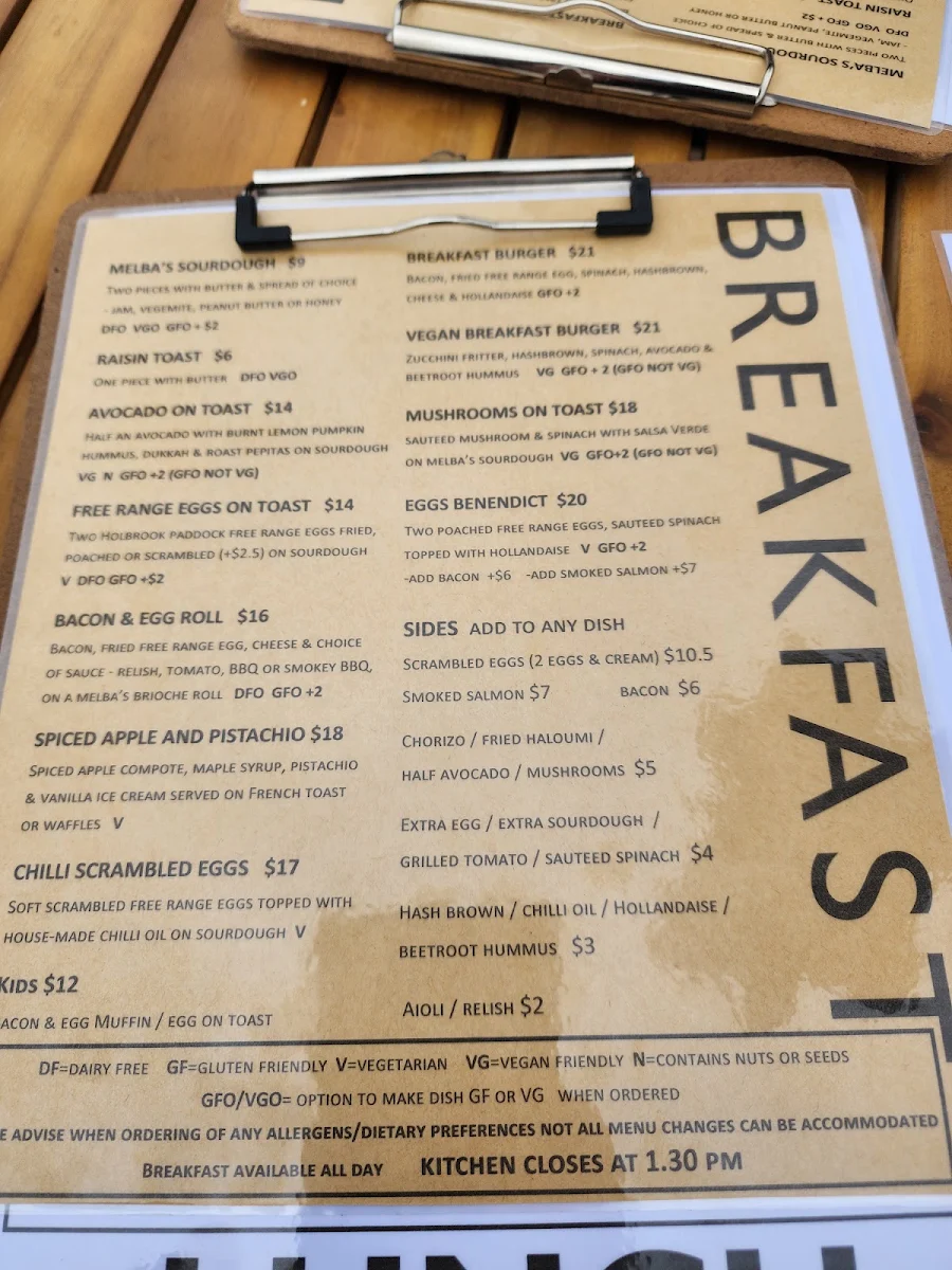 Menu, Thorne Street Cafe