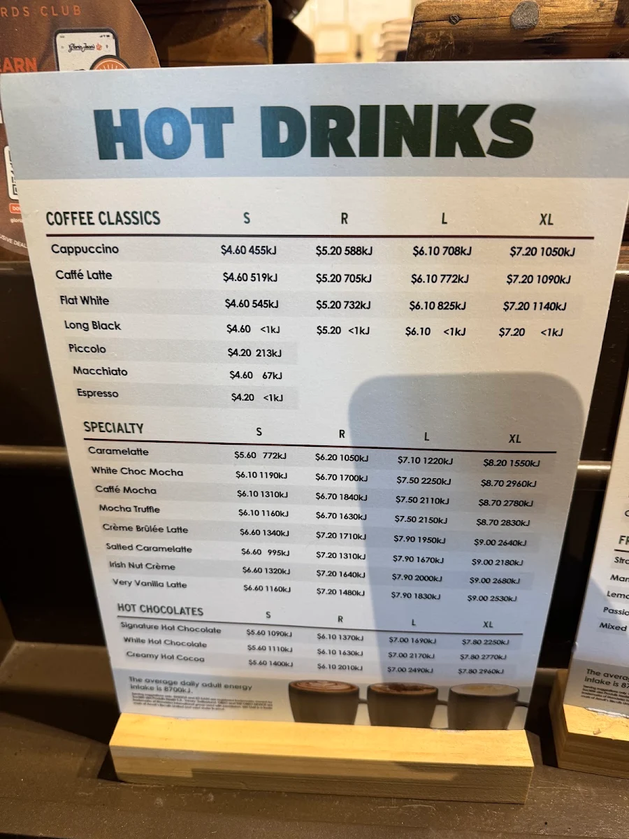 Menu, Gloria Jean's Revesby Abbey