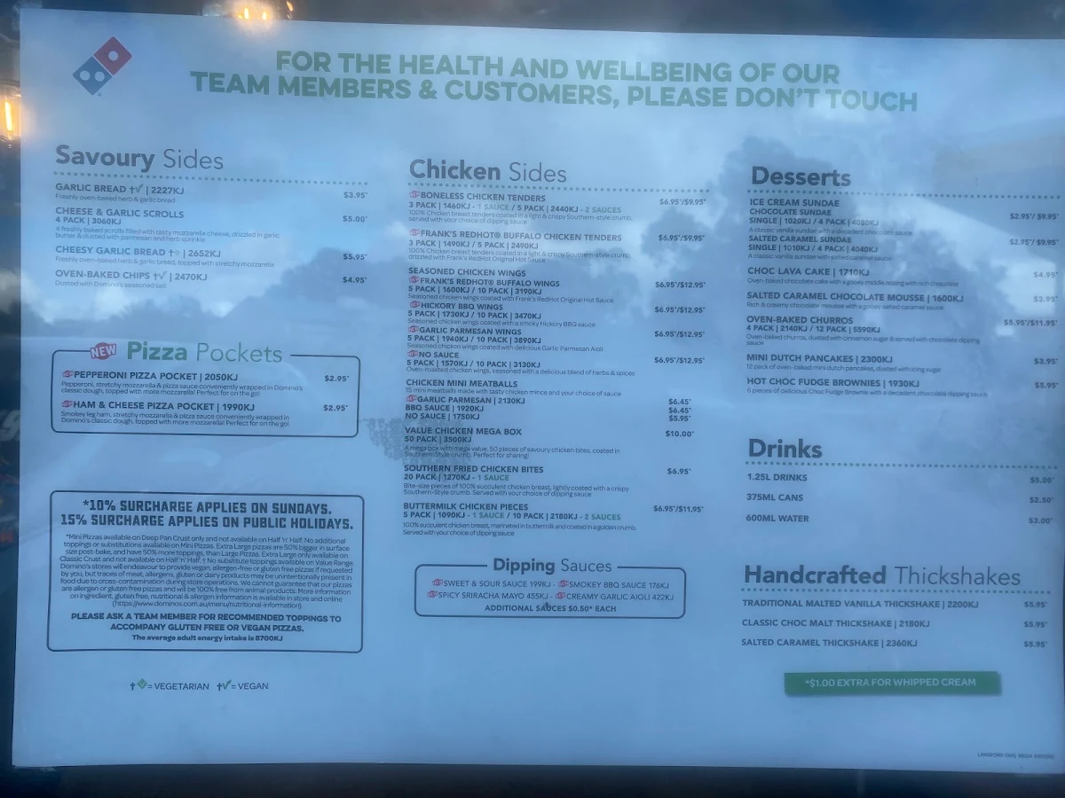 Menu, Domino's Pizza Langford WA
