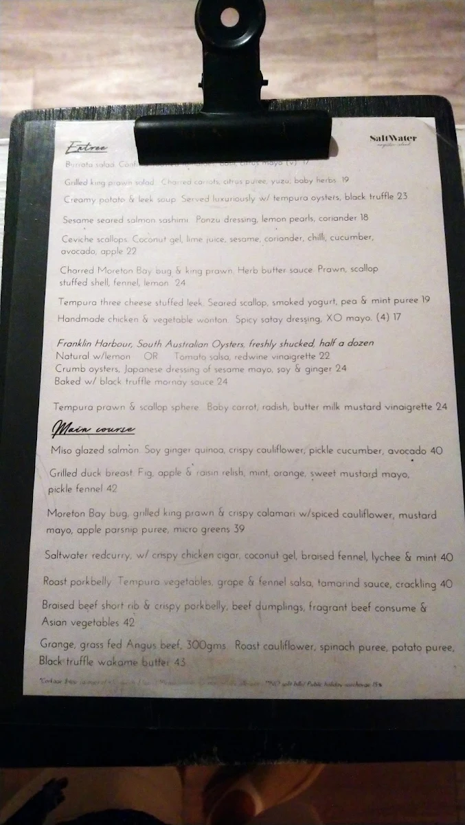 Menu, Saltwater Restaurant Magnetic Island