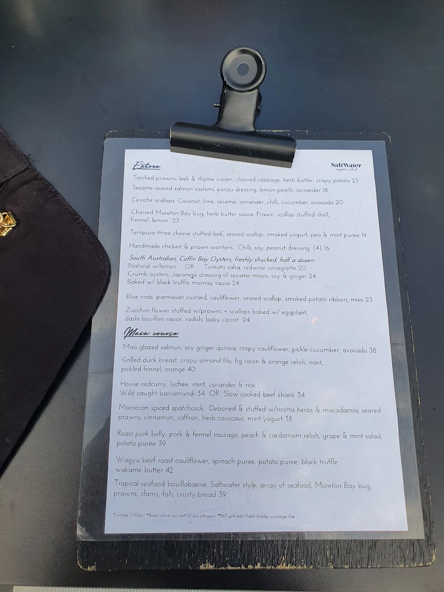 Menu, Saltwater Restaurant Magnetic Island