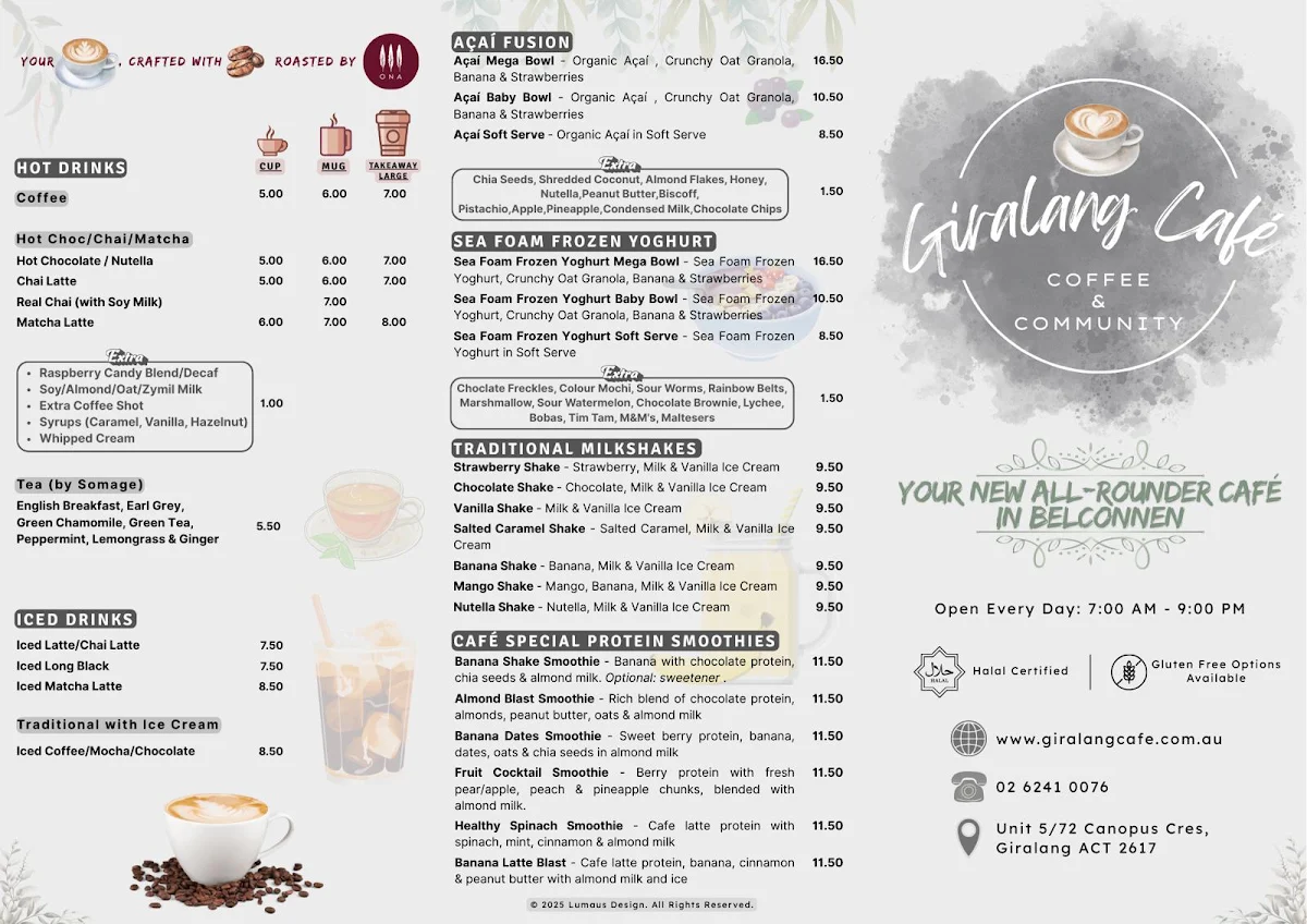 Menu, Giralang Cafe