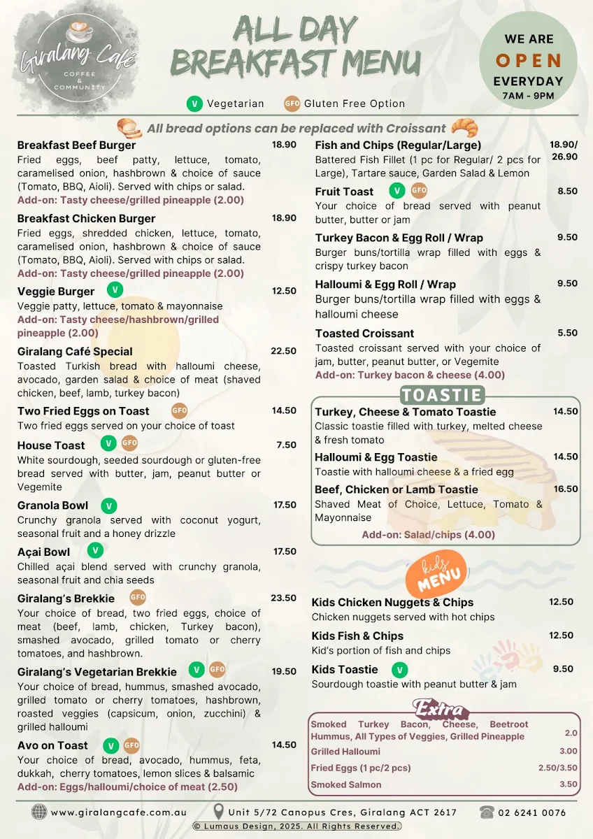 Menu, Giralang Cafe