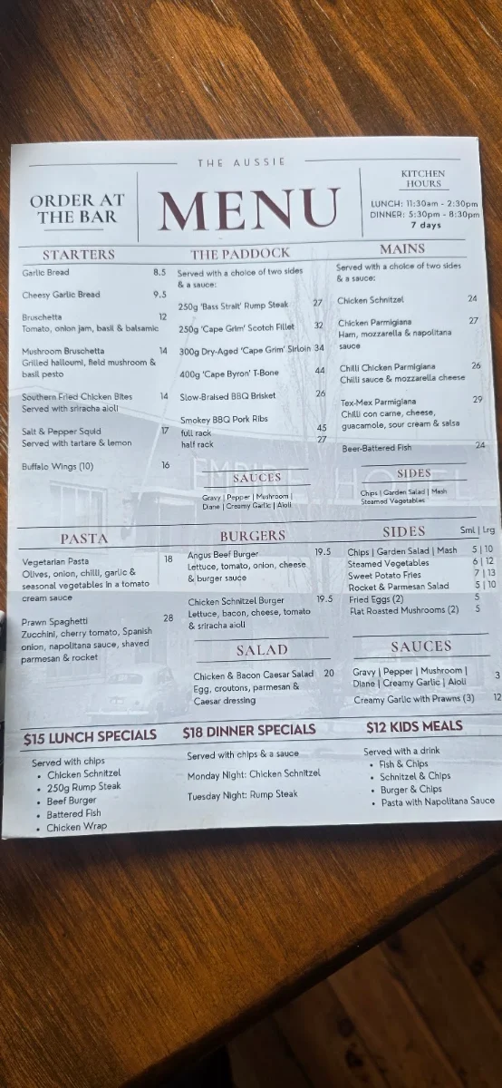 Menu, The Aussie Steak House