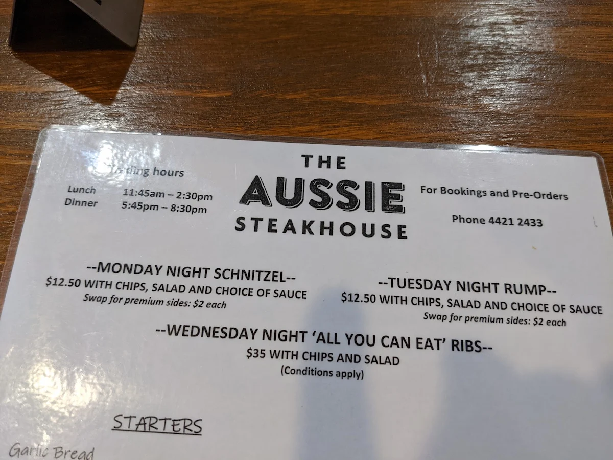 Menu, The Aussie Steak House