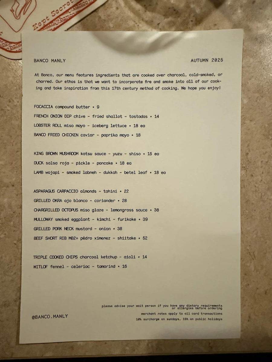Menu, Banco Manly