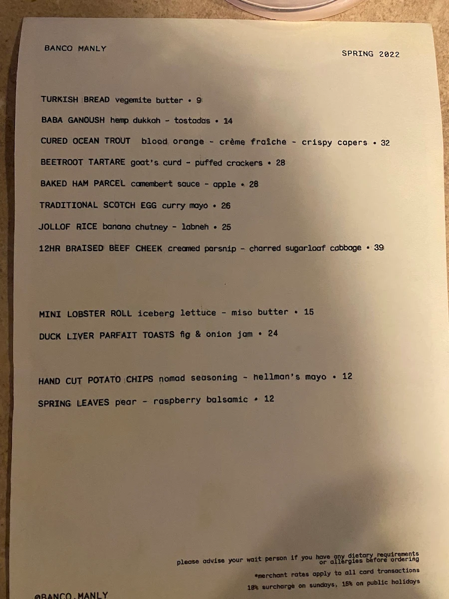Menu, Banco Manly