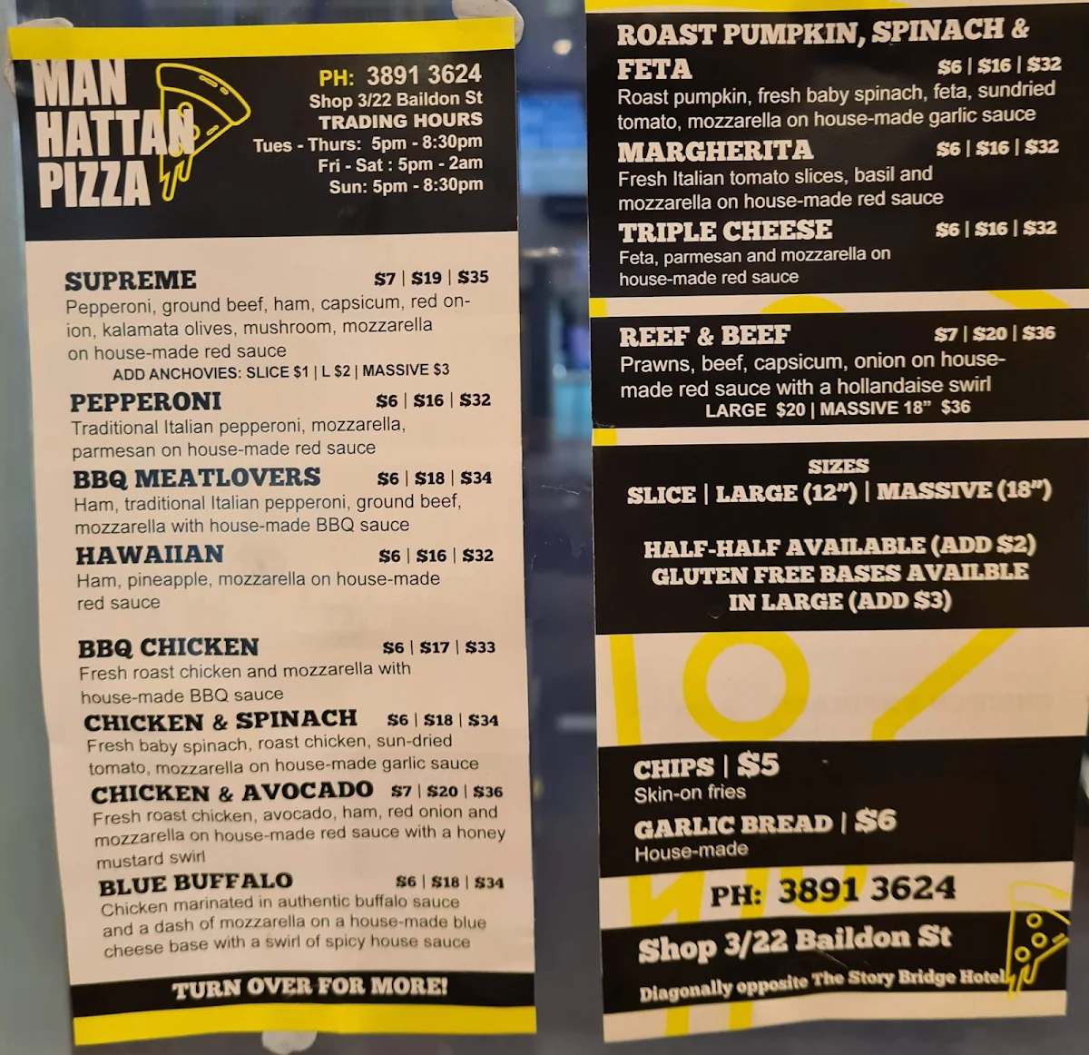 Menu, Manhattan Pizza
