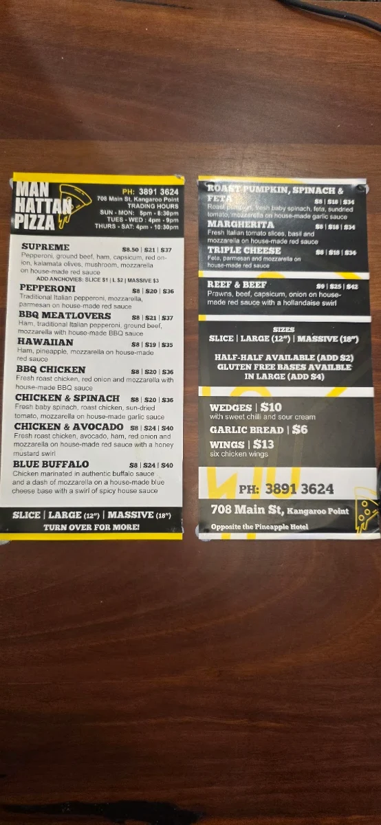 Menu, Manhattan Pizza