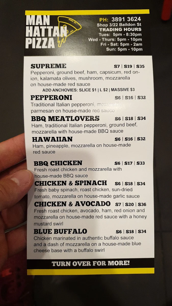 Menu, Manhattan Pizza
