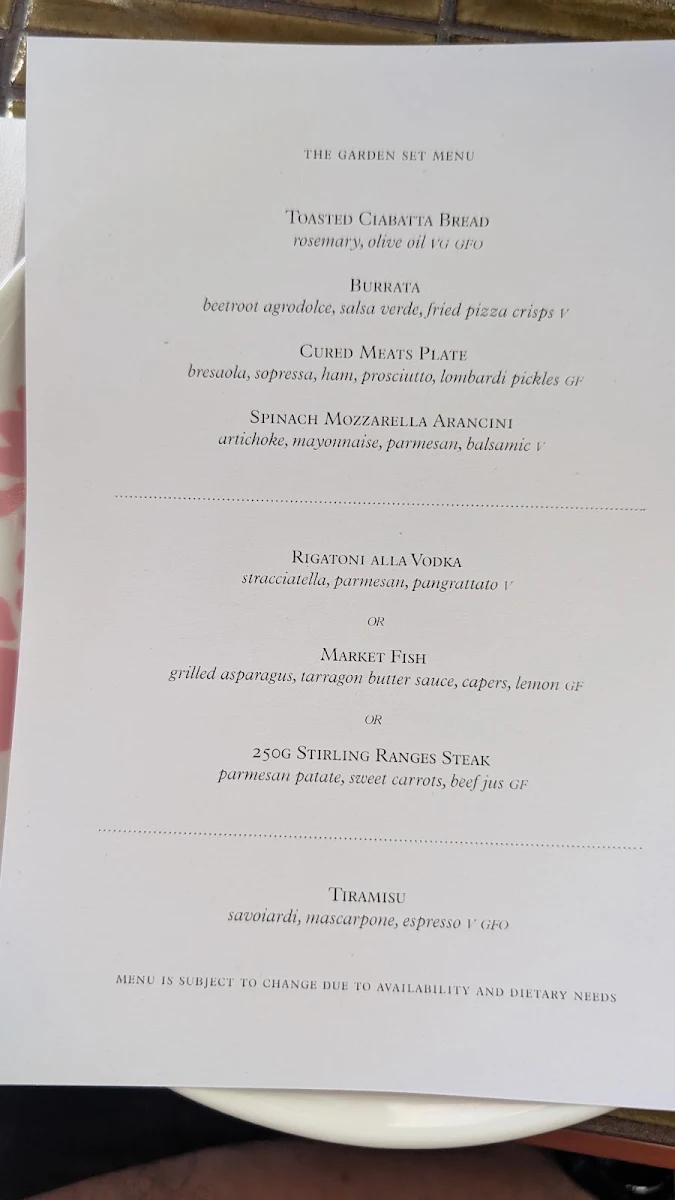 Menu, The Garden Leederville