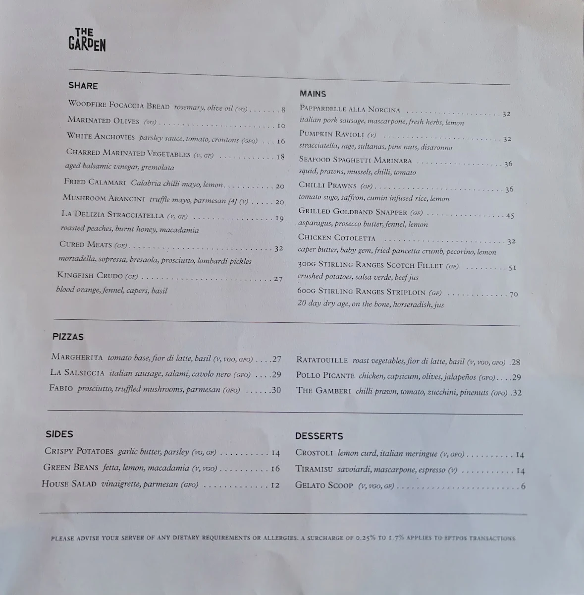 Menu, The Garden Leederville