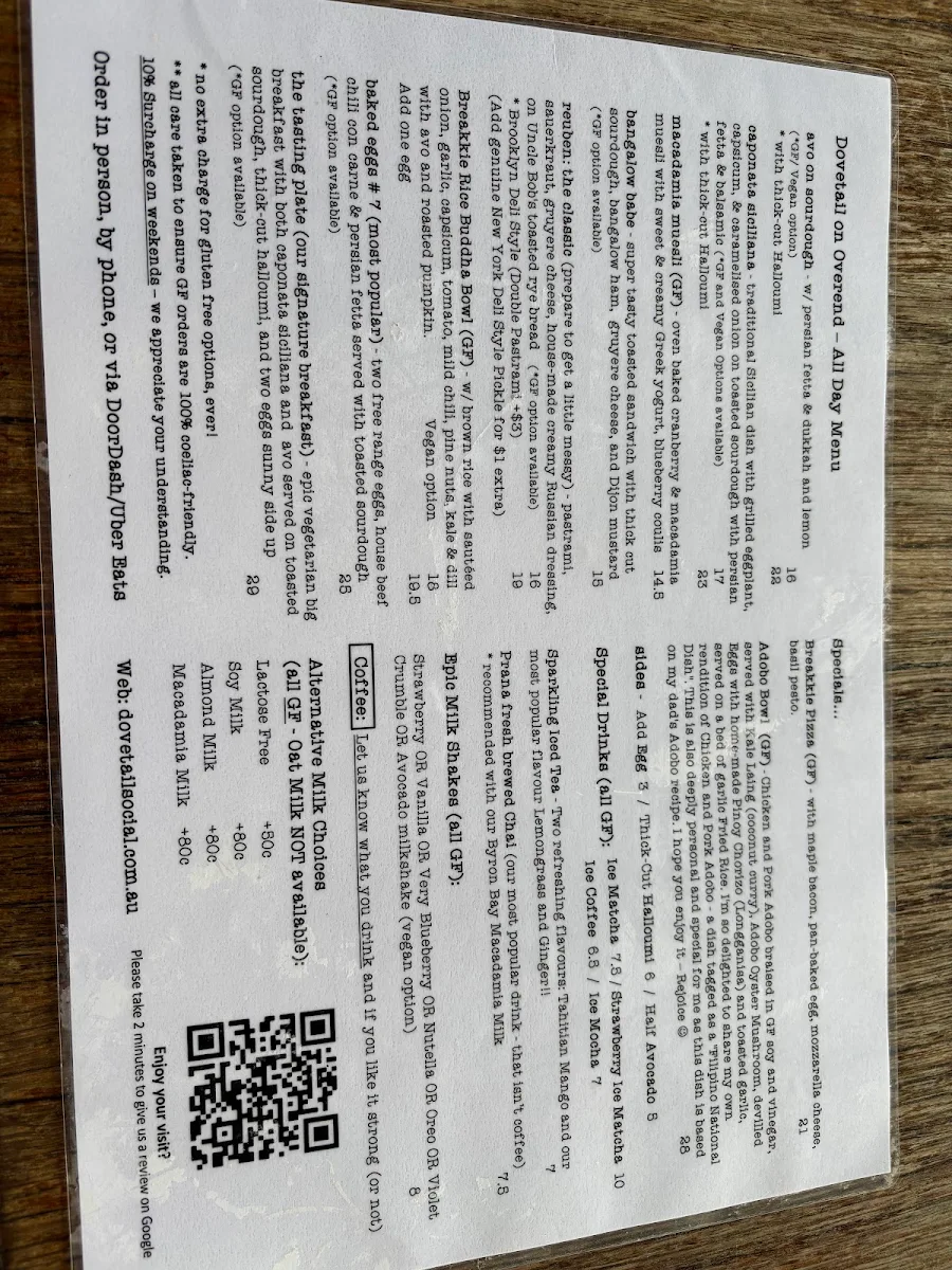Menu, Dovetail on Overend