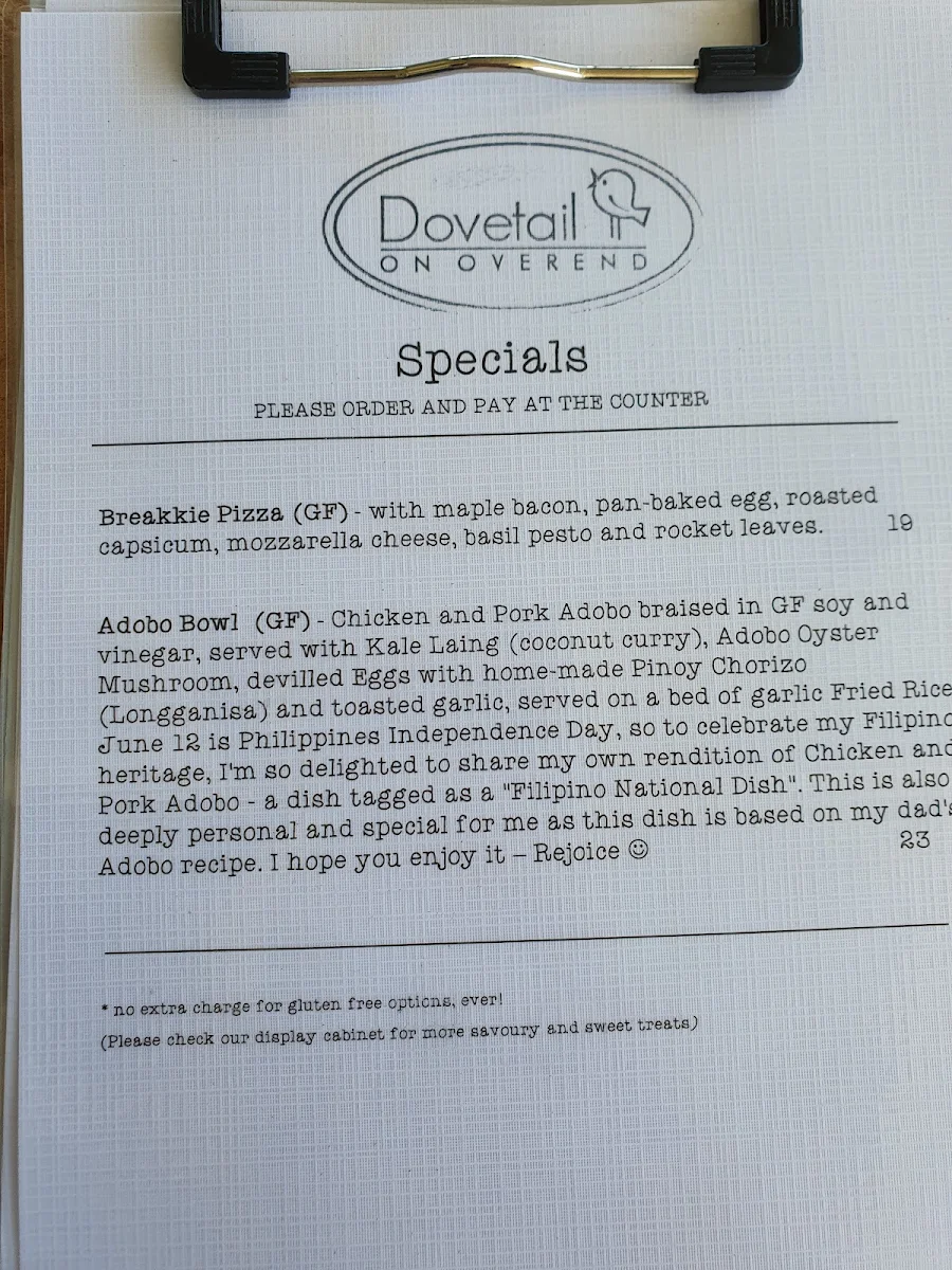 Menu, Dovetail on Overend