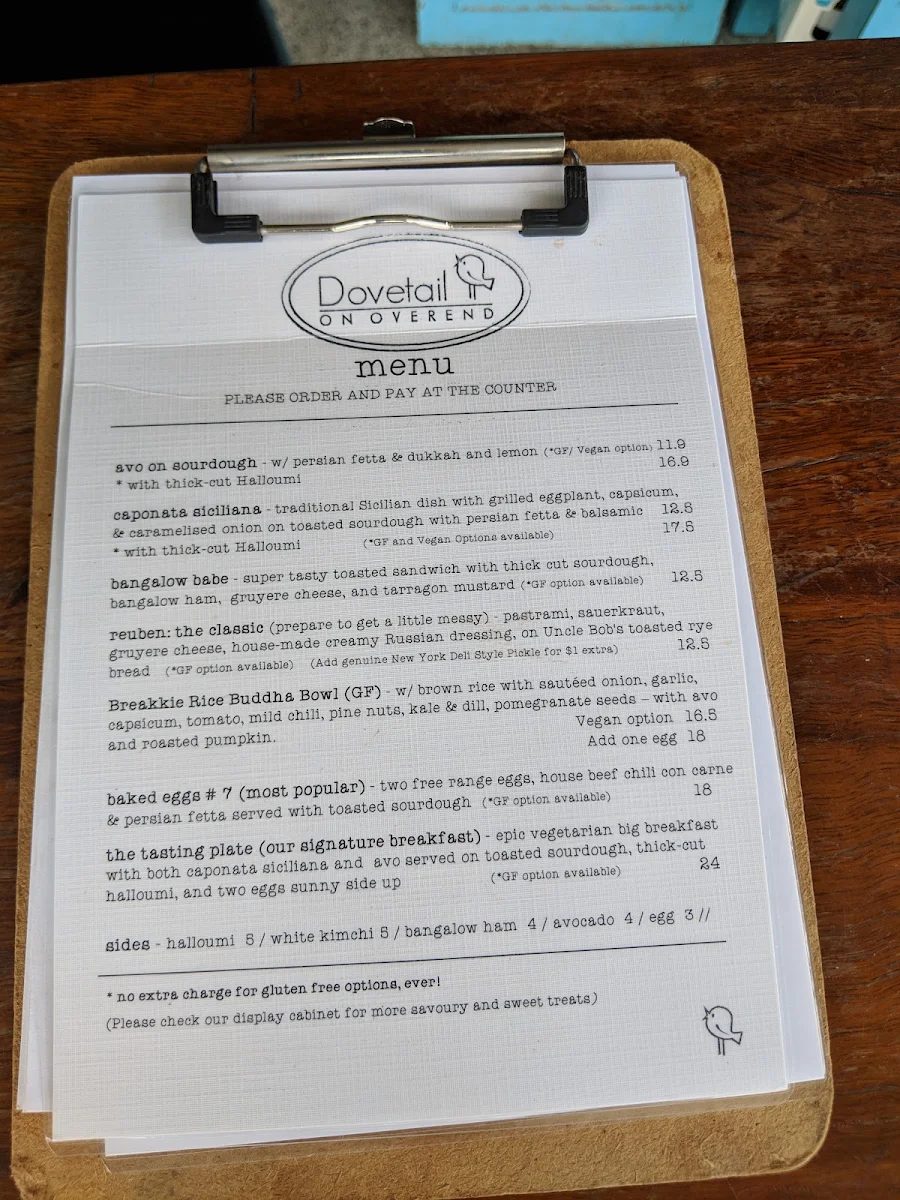 Menu, Dovetail on Overend