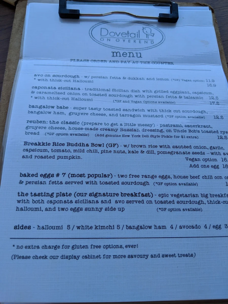 Menu, Dovetail on Overend