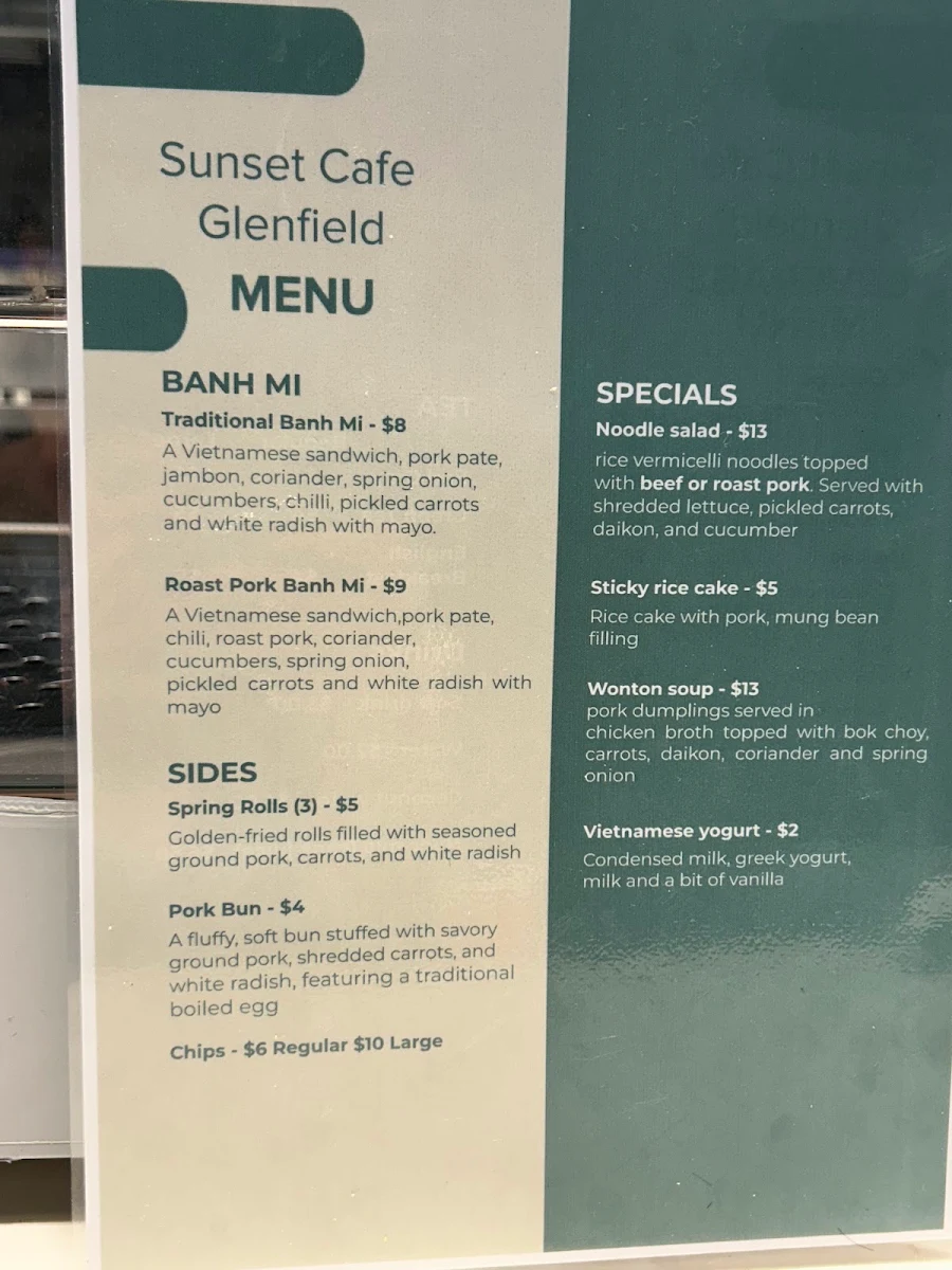 Menu, Sunset Cafe Glenfield