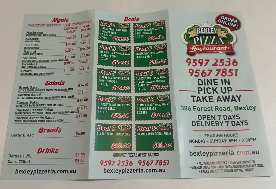 Menu, Bexley Italian Pizzeria