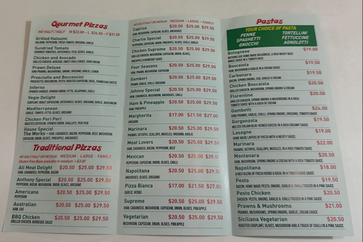 Menu, Bexley Italian Pizzeria