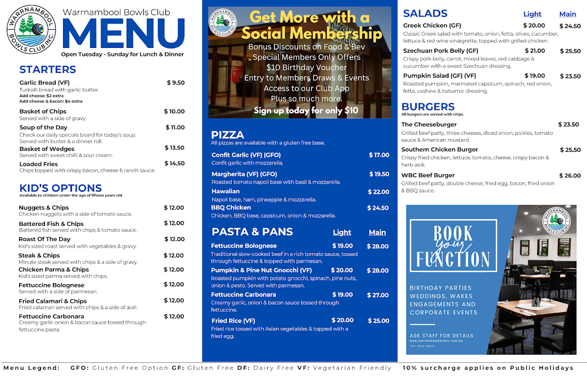 Menu, Warrnambool Bowls Club