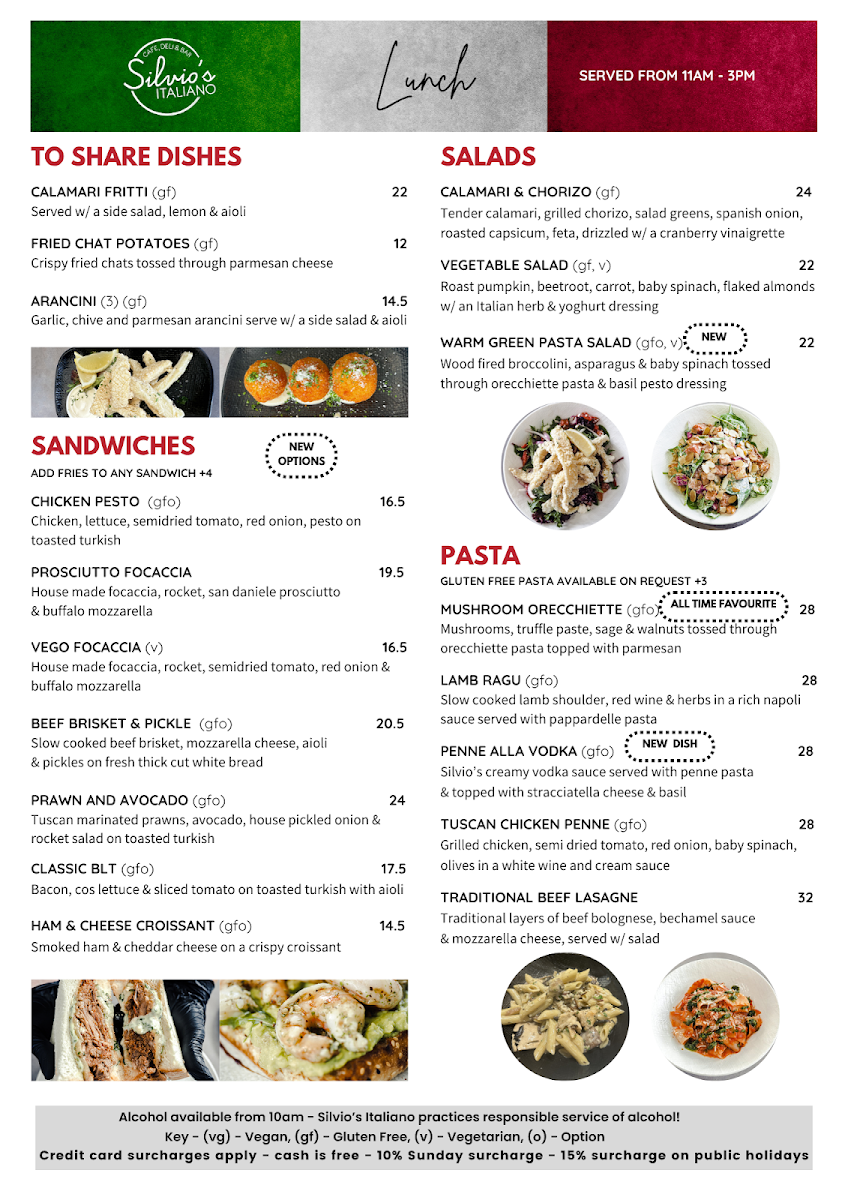 Menu, Silvio's Italiano