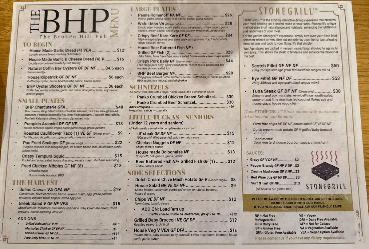 Menu, The Broken Hill Pub