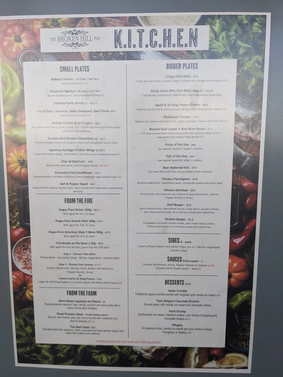 Menu, The Broken Hill Pub