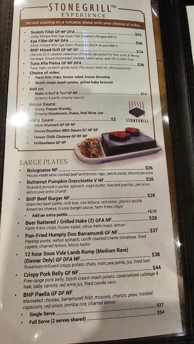 Menu, The Broken Hill Pub