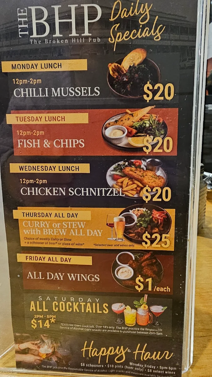 Menu, The Broken Hill Pub