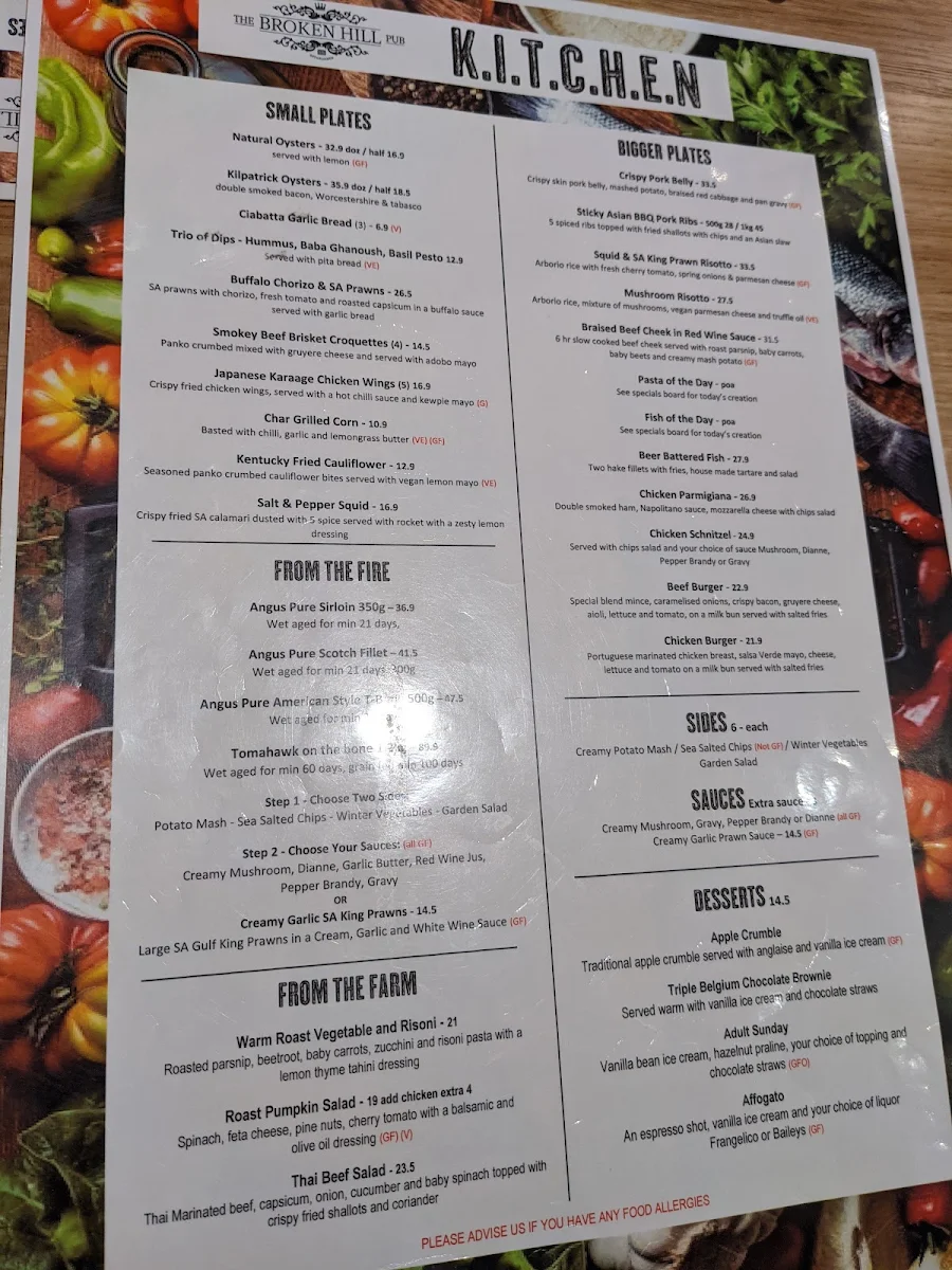 Menu, The Broken Hill Pub