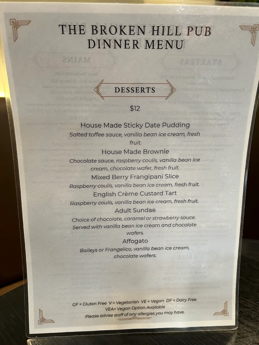 Menu, The Broken Hill Pub