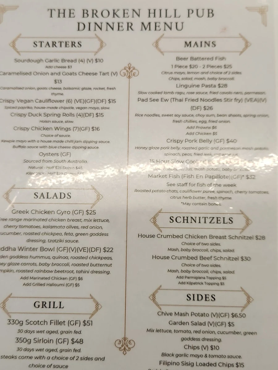 Menu, The Broken Hill Pub