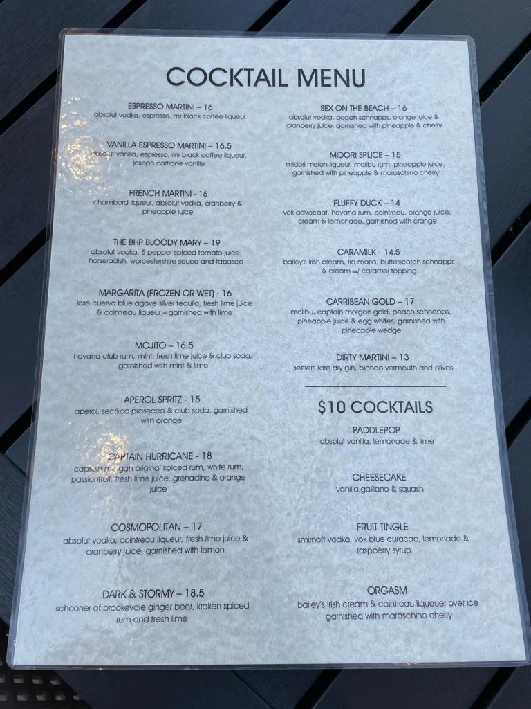 Menu, The Broken Hill Pub