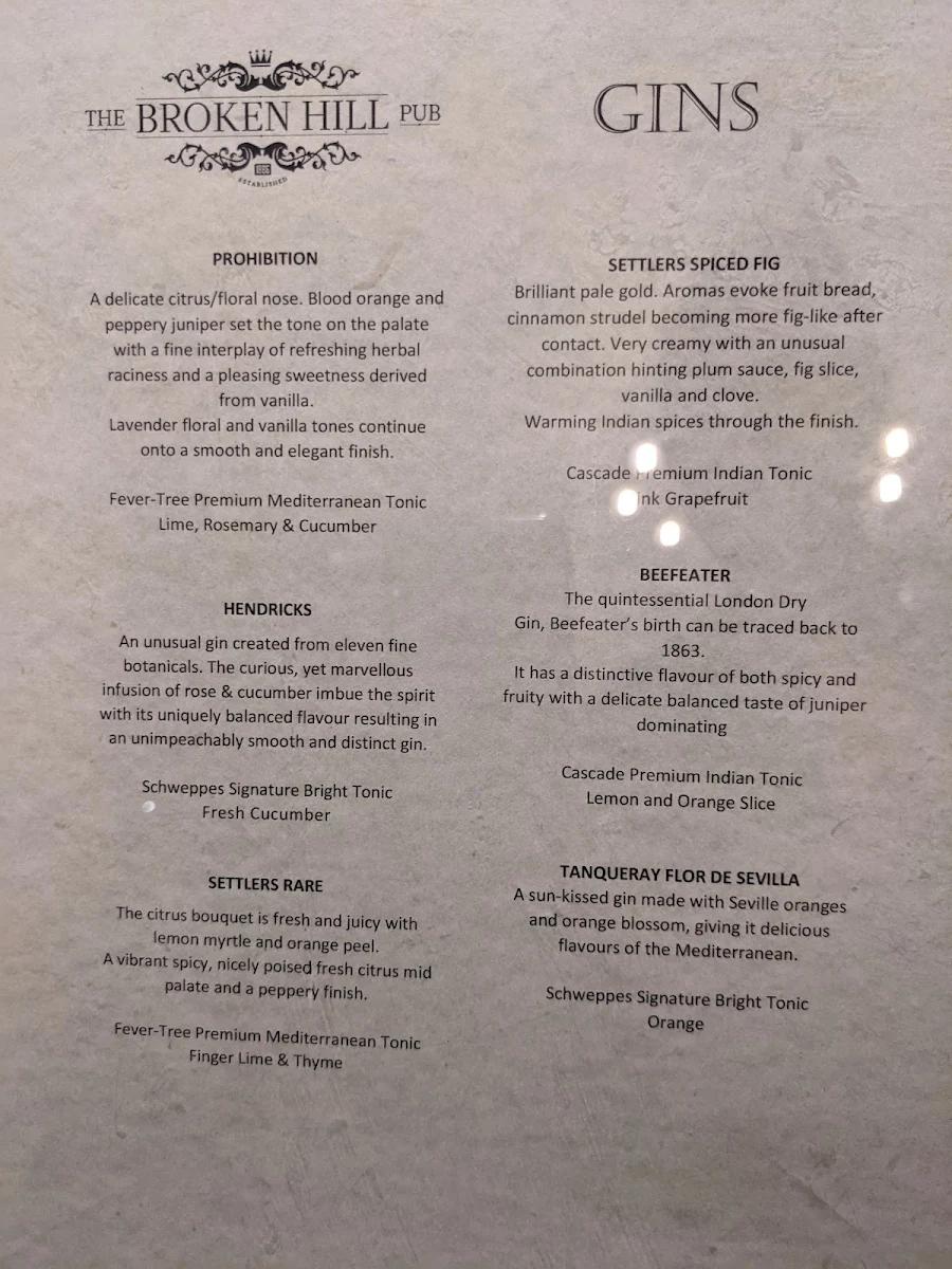 Menu, The Broken Hill Pub