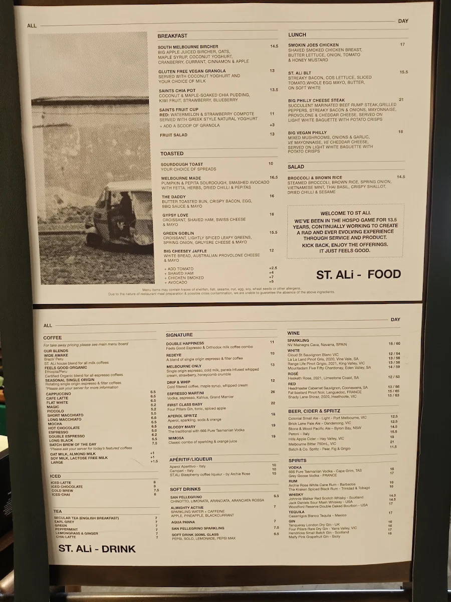 Menu, St. Ali Coffee Roasters