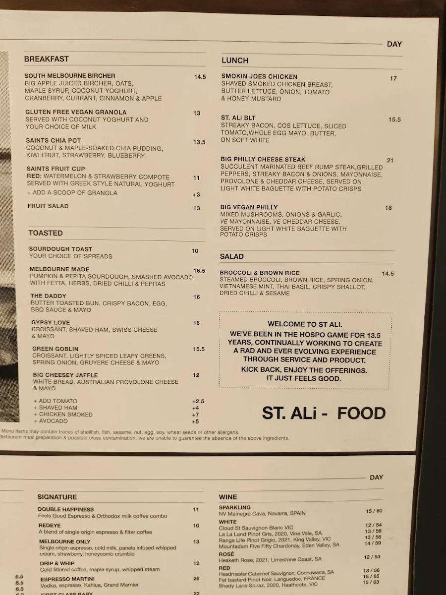 Menu, St. Ali Coffee Roasters