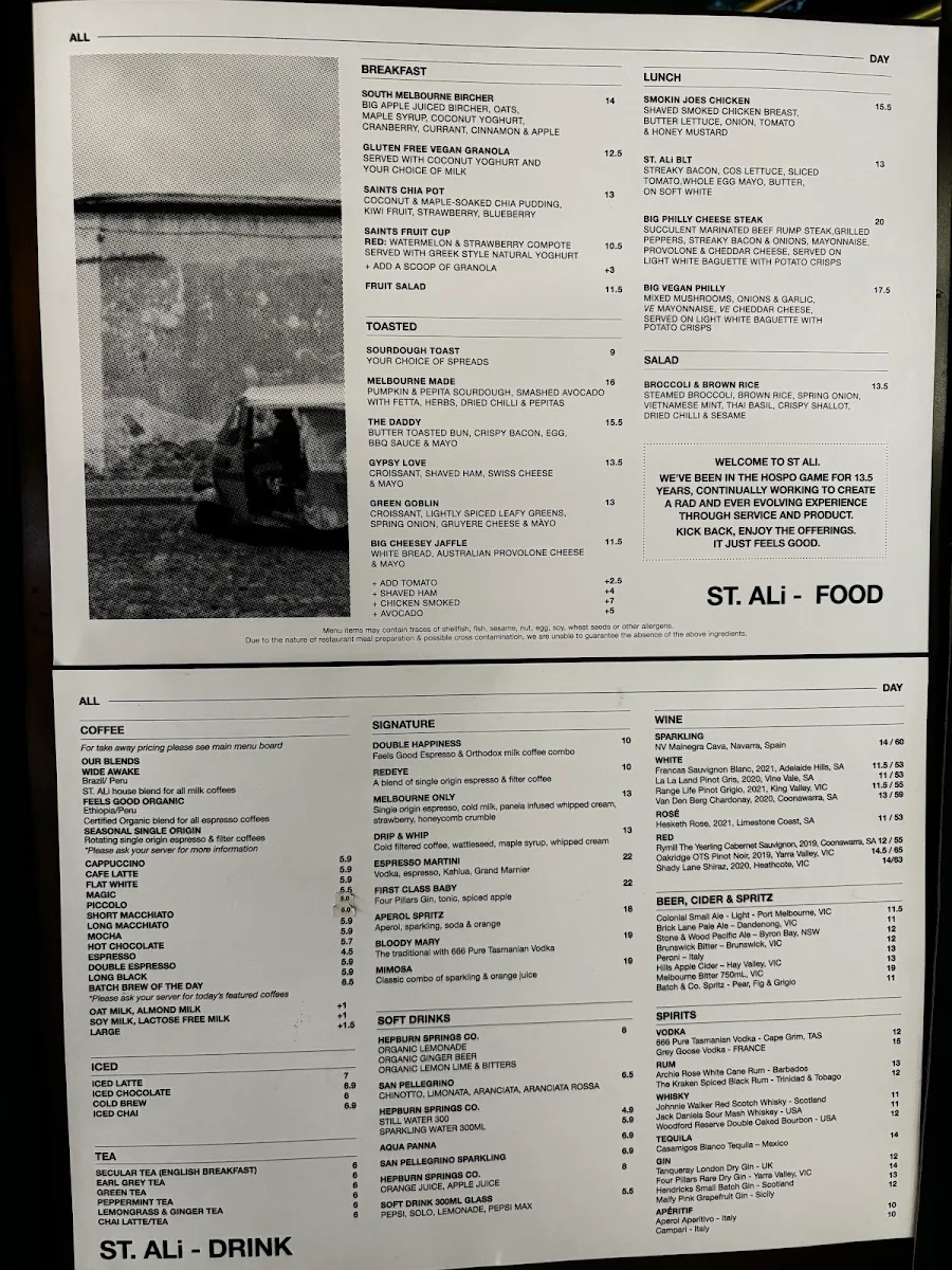 Menu, St. Ali Coffee Roasters