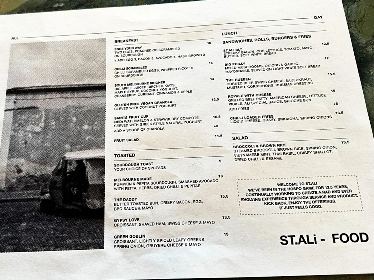 Menu, St. Ali Coffee Roasters