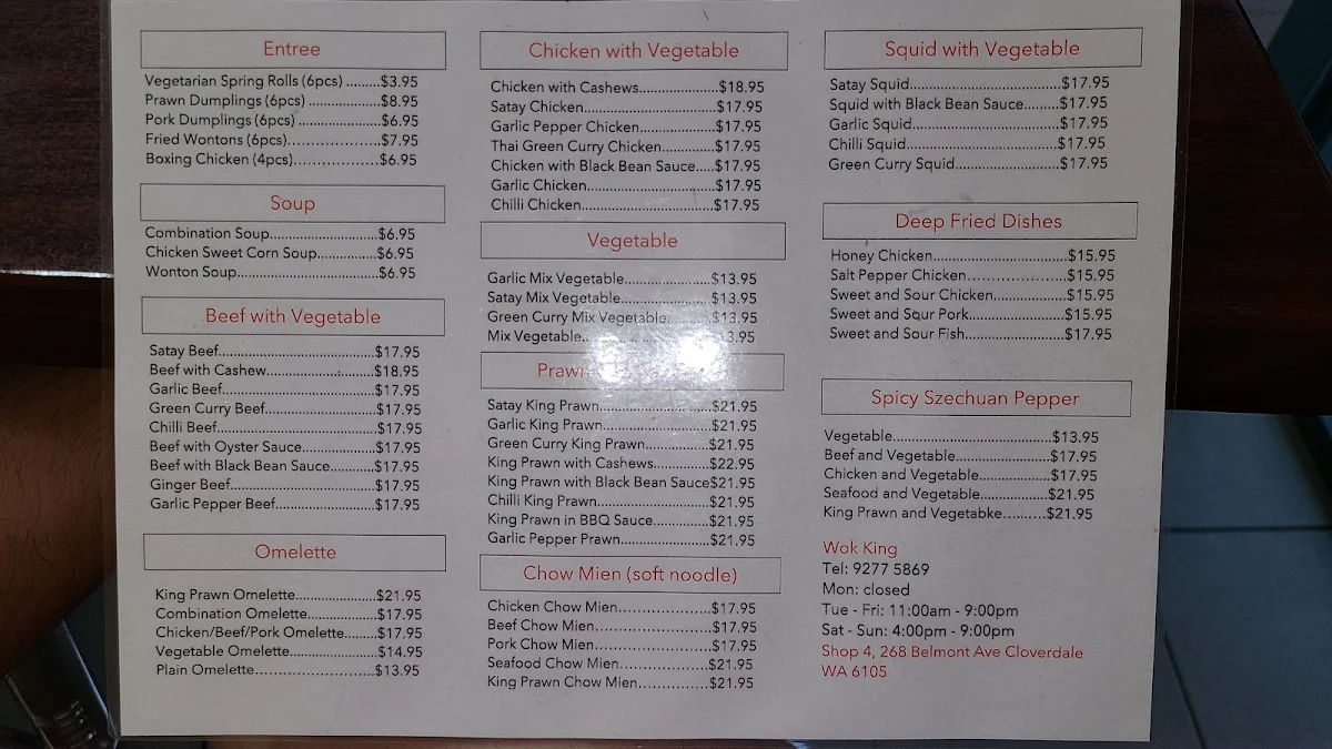 Menu, Wok King