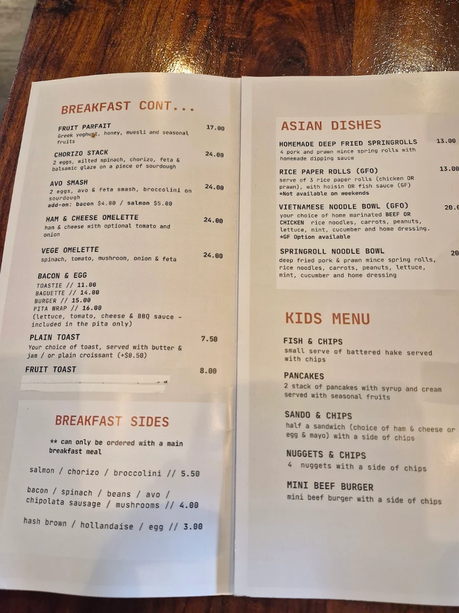 Menu, Guildford Milk Bar