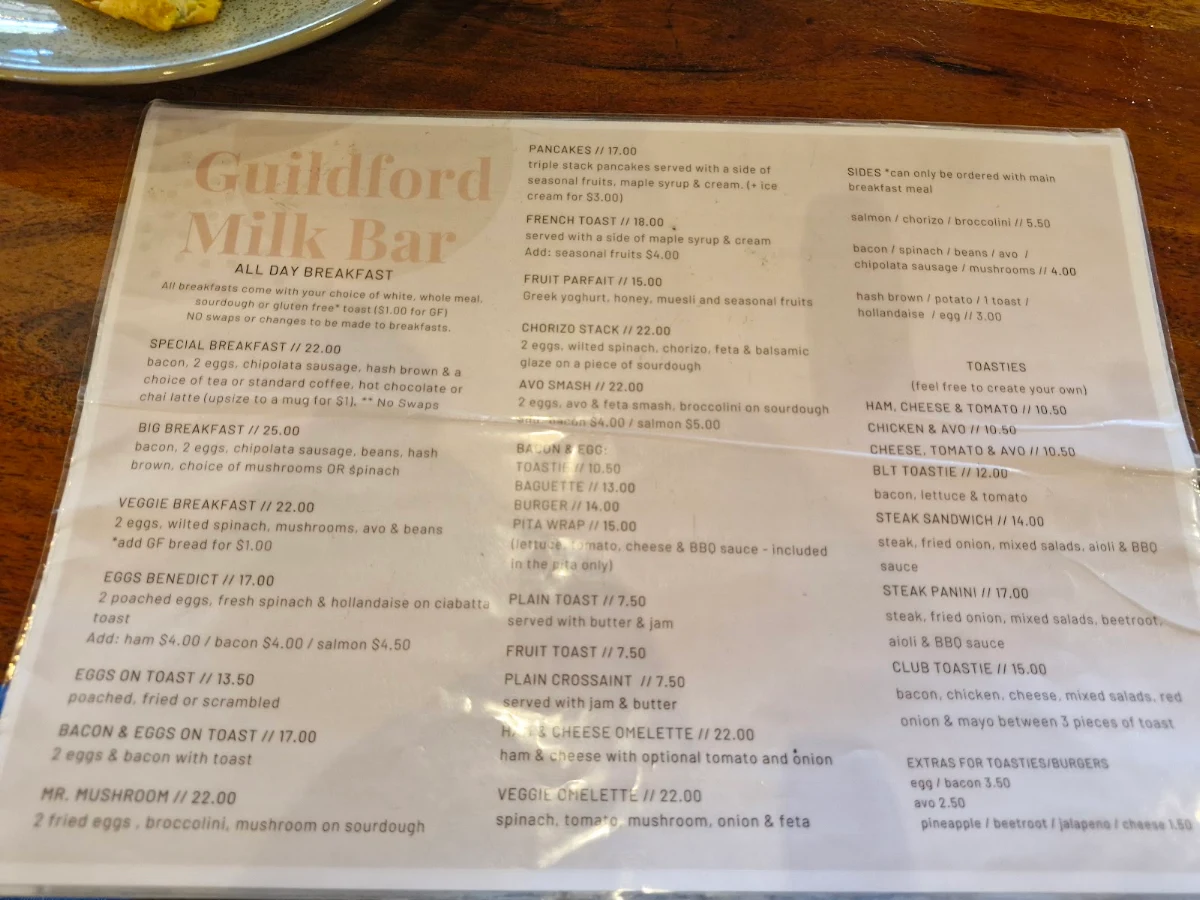 Menu, Guildford Milk Bar
