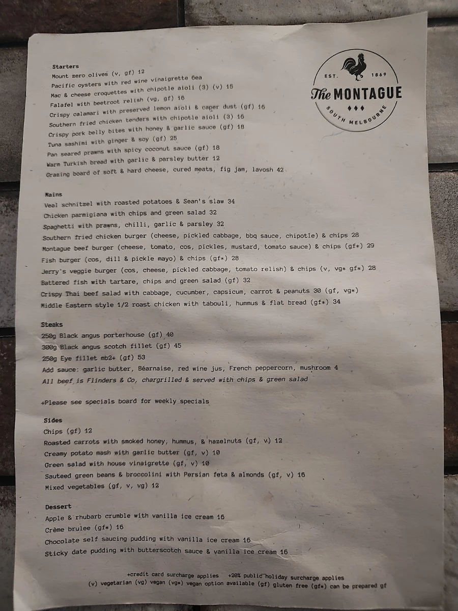 Menu, The Montague Hotel
