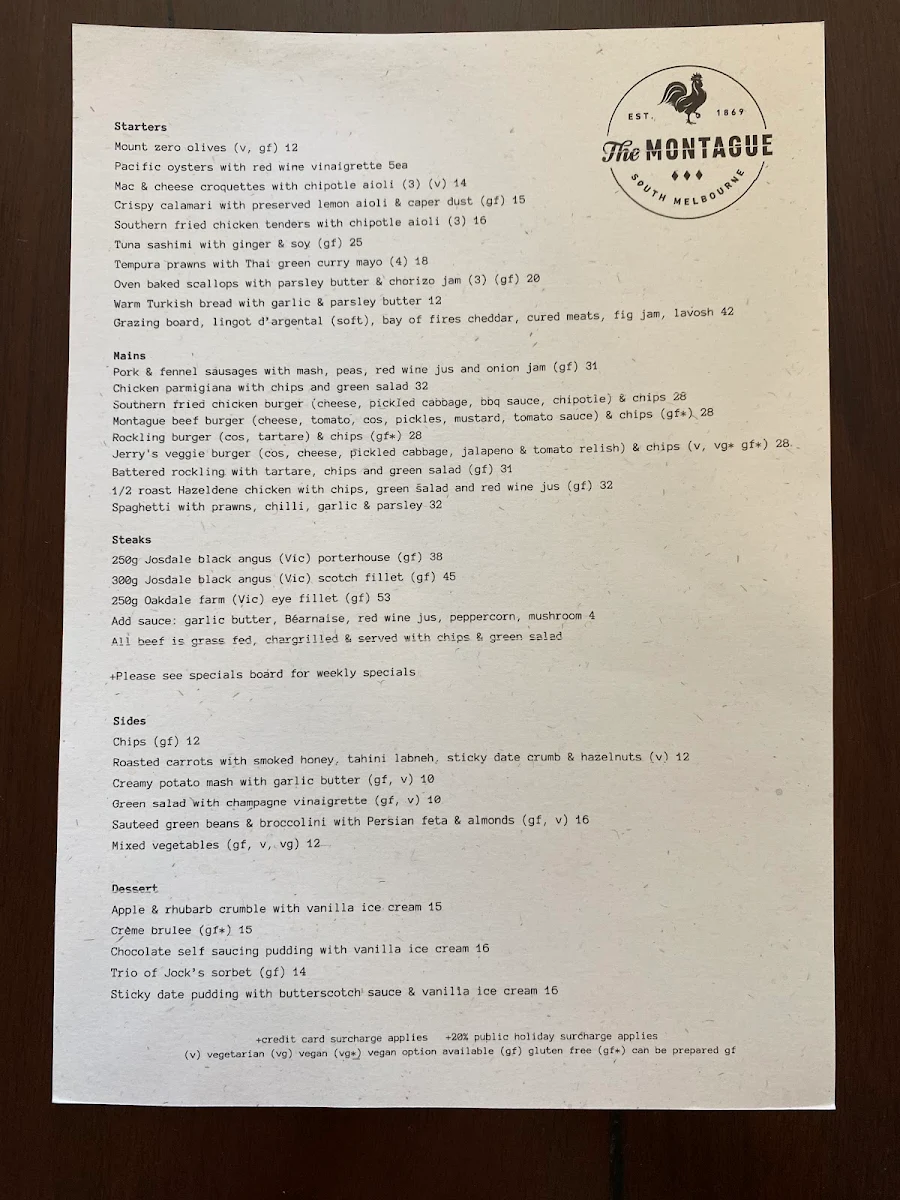 Menu, The Montague Hotel