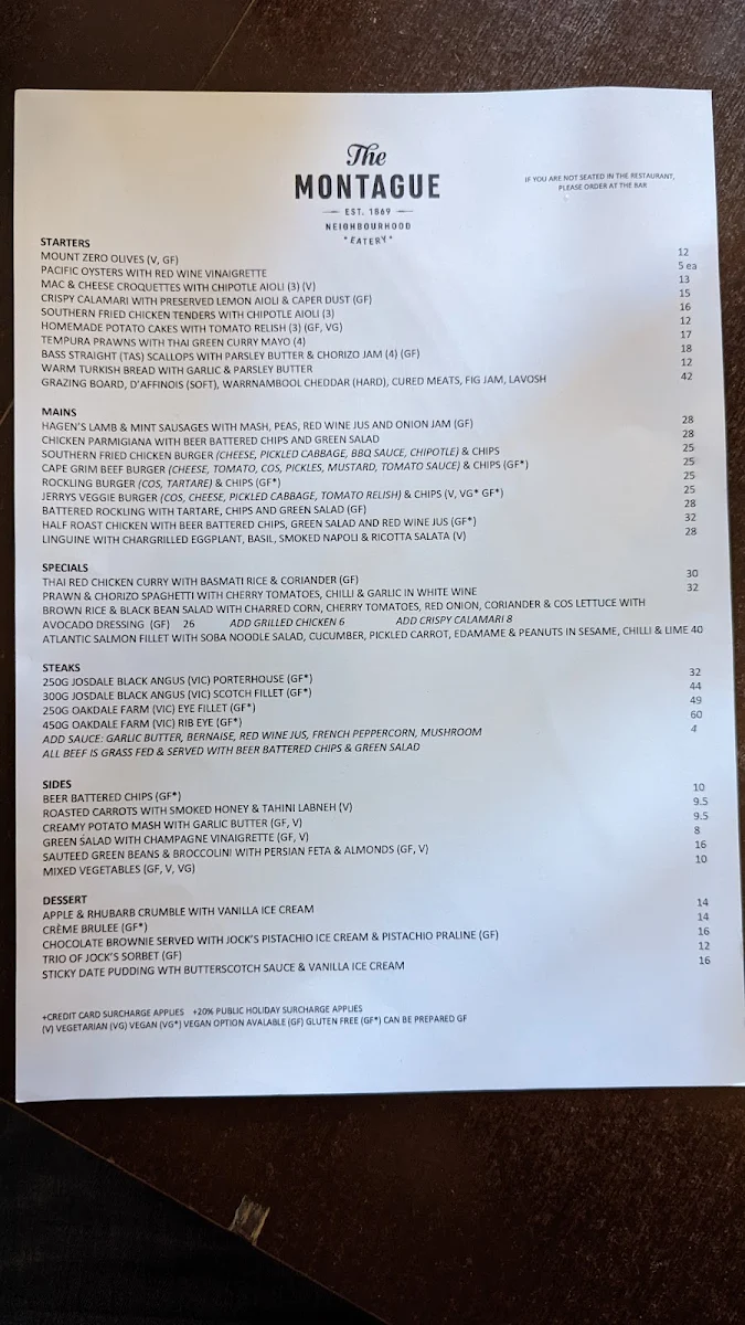 Menu, The Montague Hotel
