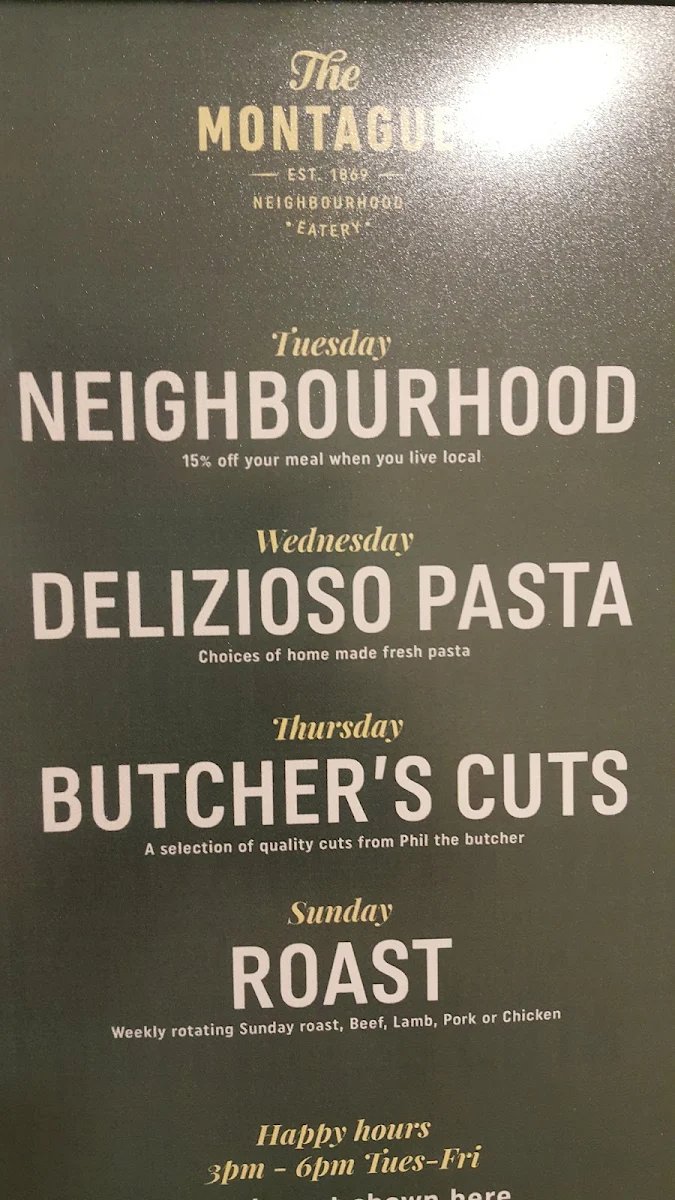 Menu, The Montague Hotel