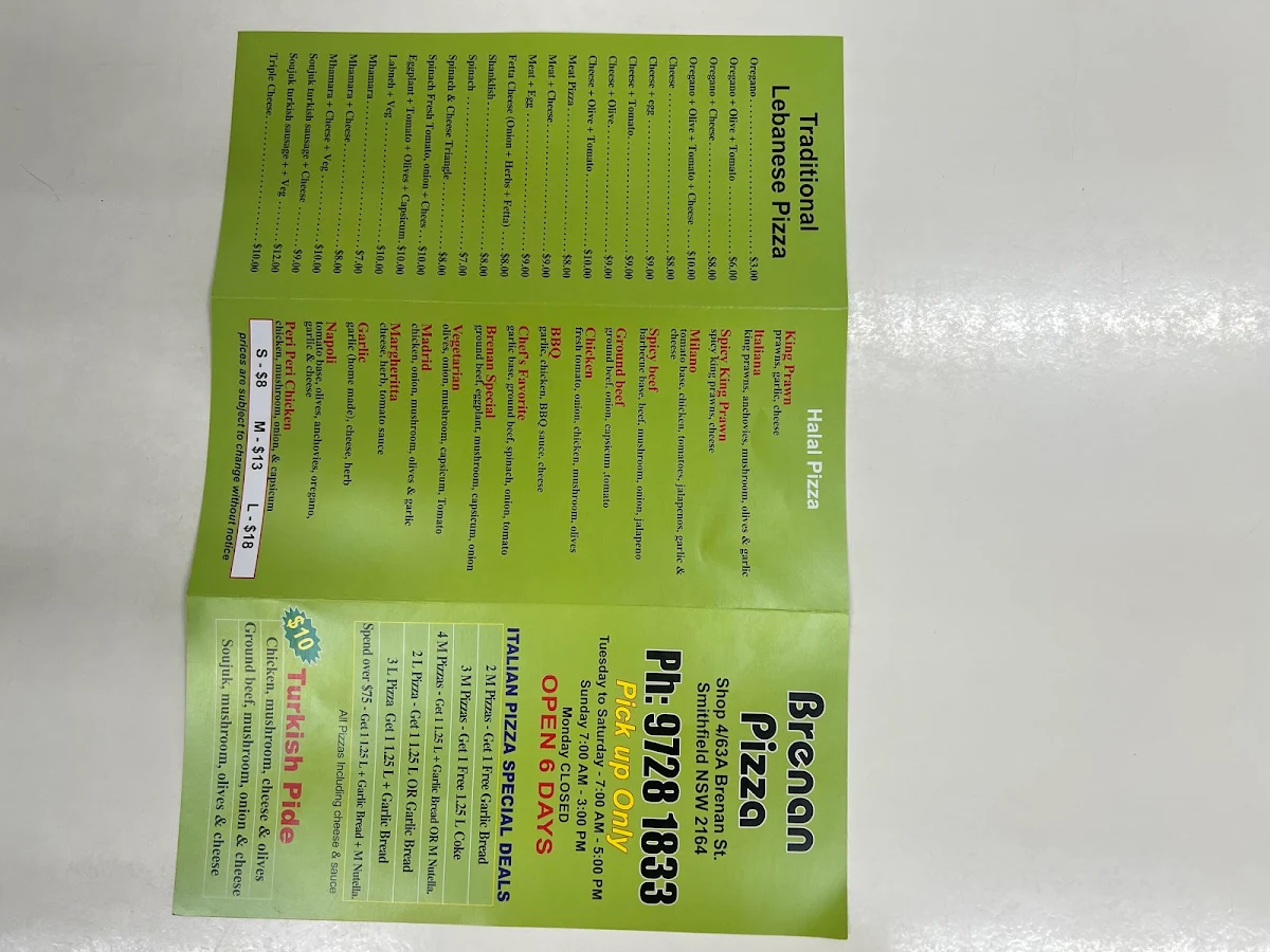 Menu, brenan pizza& manoosh