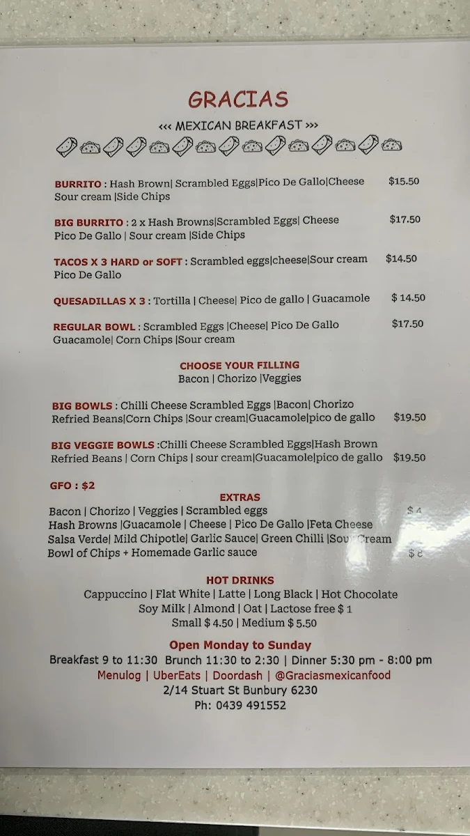Menu, Gracias - Mexican food